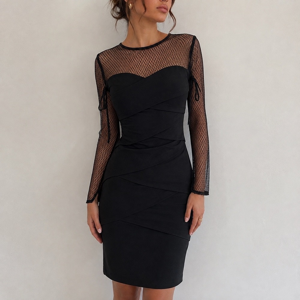 White House Black Market Black Mesh Sleeve Sheath Dress Size 4 Cocktail Party